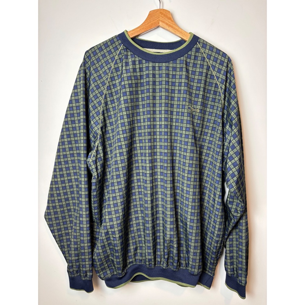 Catalina Mens XL Plaid Windbreaker Pullover Navy Blue Olive Green Nylon Vintage